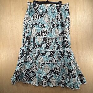 Cato Woman Teal Black Batik Print Tiered Cotton Maxi Skirt Plus Size 20W RN37080